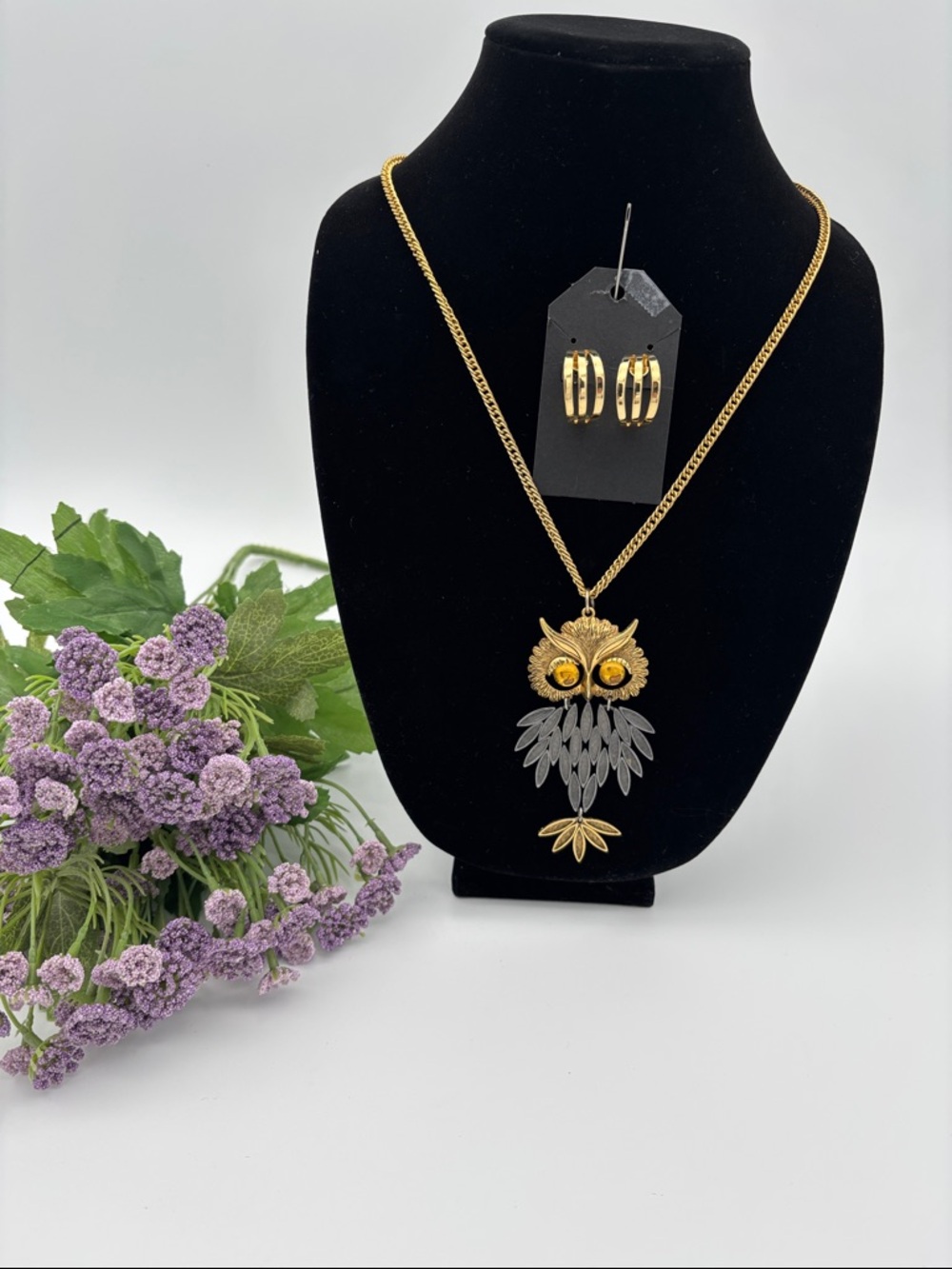 Vintage Owl Necklace Gold Tone Pendant Boho Cottagecore Statement Earrings Set